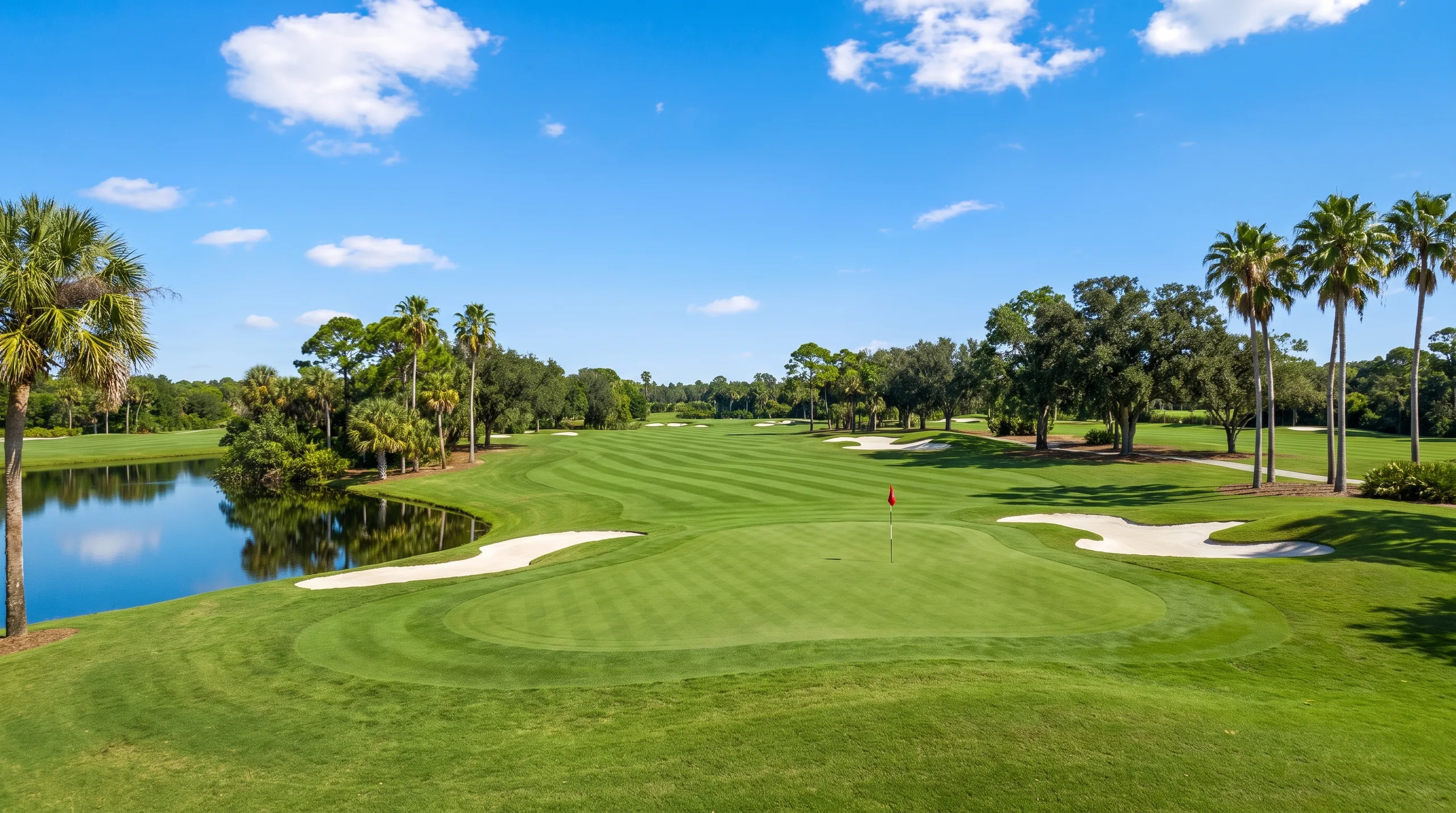 Campo de golf con green, lago y bunkers en la Riviera Maya