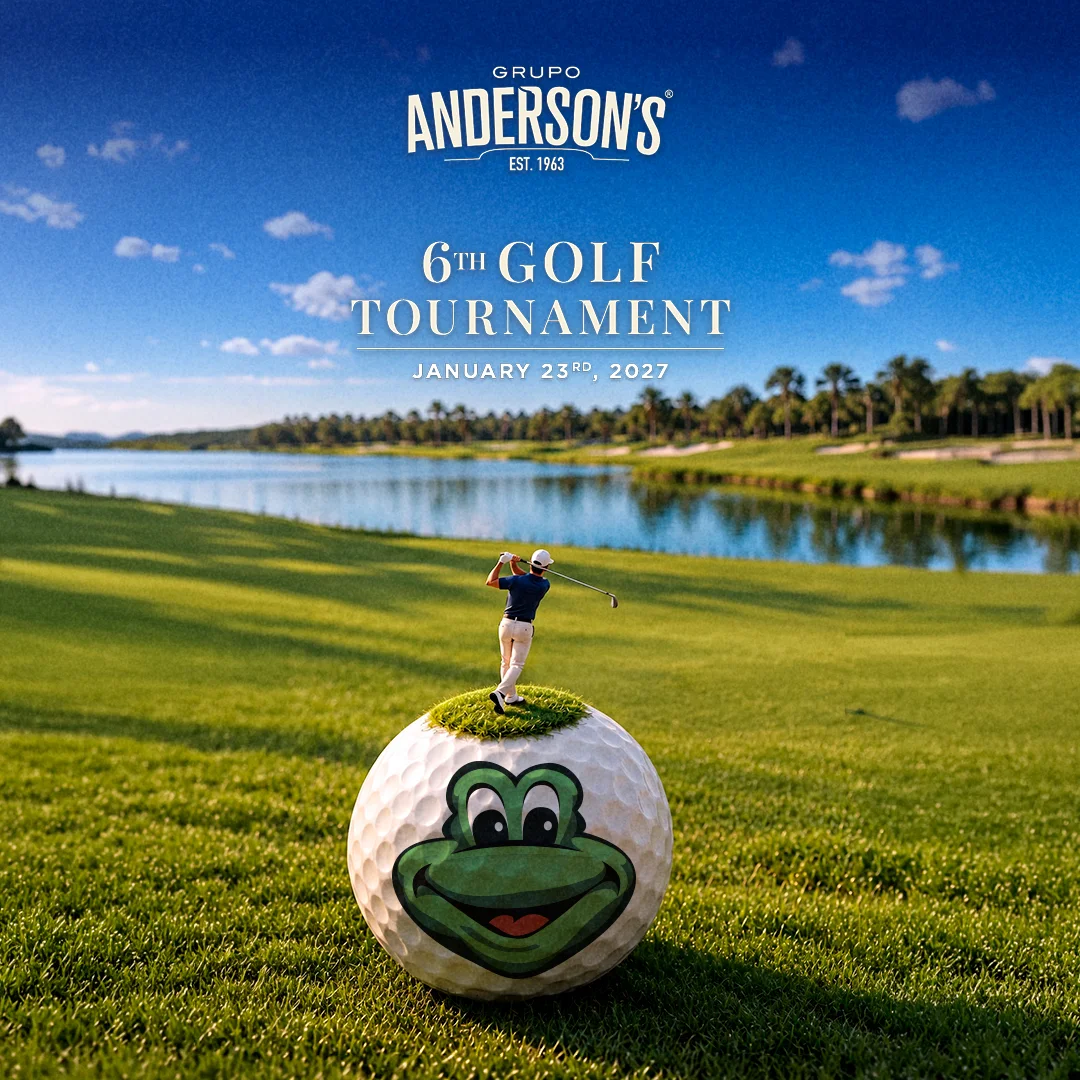 6th Golf Tournament de Grupo Anderson's, 23 de enero de 2027: golfista en miniatura sobre una bola de golf con la cara de la rana
